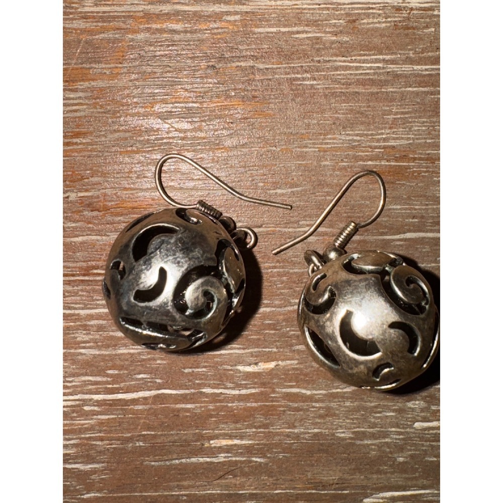Sterling Silver Tone Filigree Ball Drop Dangle Earrings Ornate Vintage Style - Picture 3 of 6